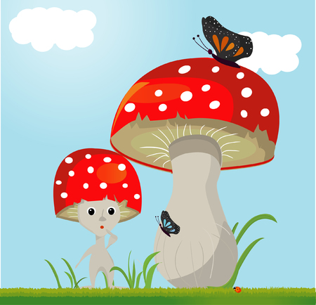 mushroom vector whit butterfyのイラスト素材