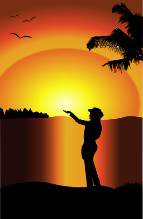 Silhouette of a woman with her arms in the air at sunsetのイラスト素材