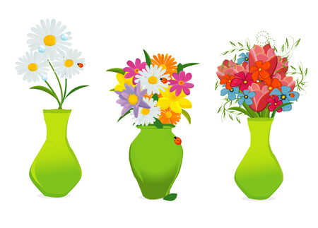 Three beautiful flowers in colorful vases vectorのイラスト素材