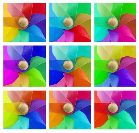 set of 9 coloured windmills forming abstract backgroundの写真素材