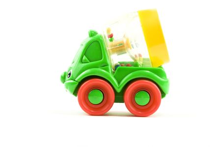 childs toy cement mixer on white backgroundの写真素材