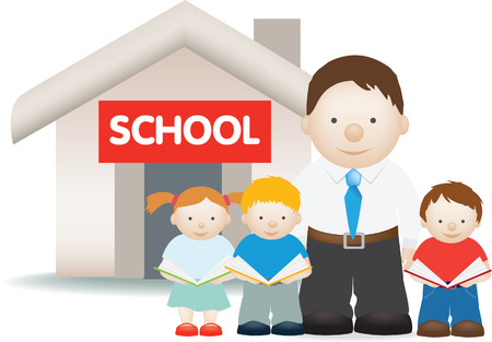 illustration of a teacher and students outside schoolのイラスト素材