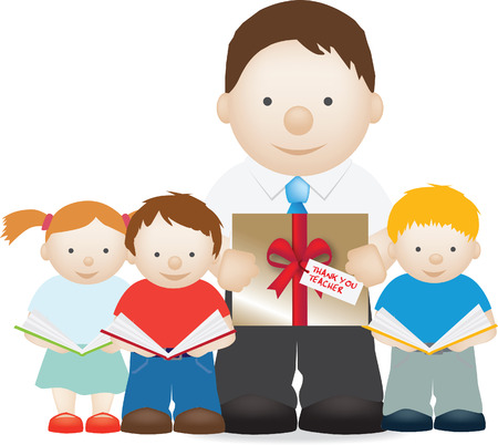 illustration of children with there teaCHER AND GIFTのイラスト素材
