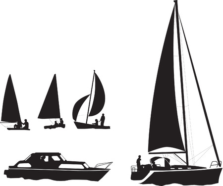illustration set of silhouettes of boats and yachtsのイラスト素材