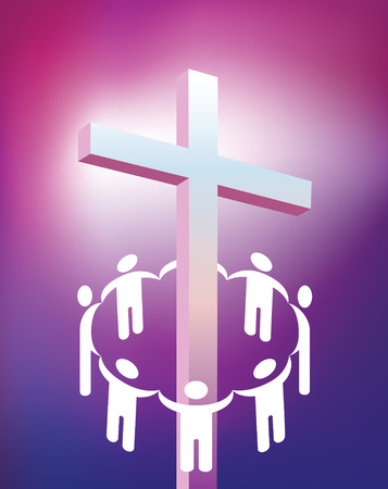 illustraton of circle holding hands around christian crossのイラスト素材