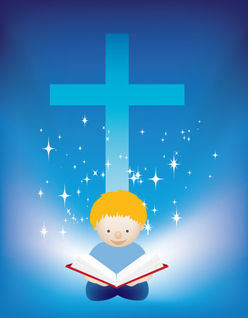 illustration of a small child reading the bibleのイラスト素材