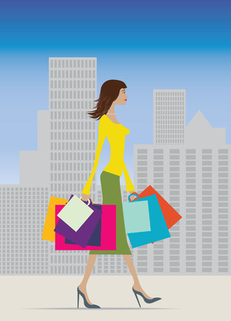 Illustration of a fashionable woman with lots of bagsのイラスト素材