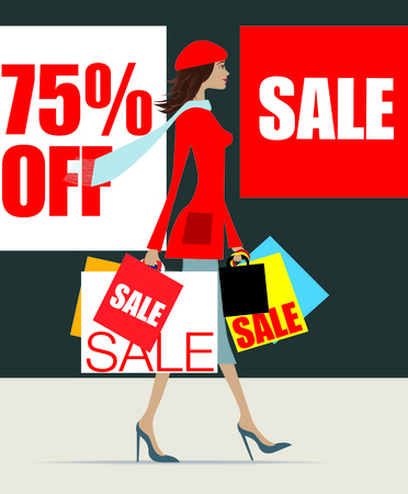 Stylish woman shopping loaded down with bags for the january salesのイラスト素材