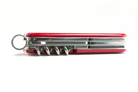 swiss army knife open on white backgroundの写真素材