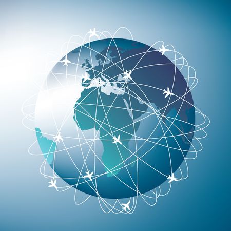 airplane routes around planet earth, illustration of a blue globeのイラスト素材