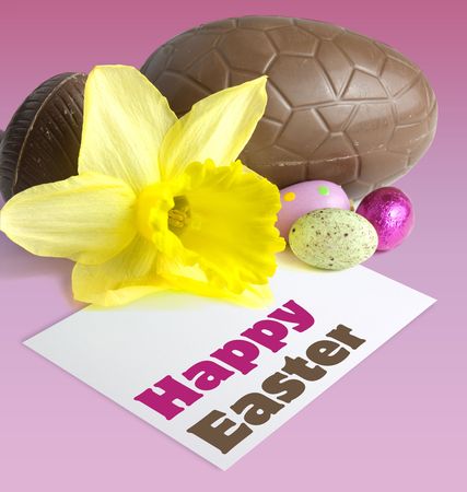 Easter still life with  paper and happy easter messageの写真素材
