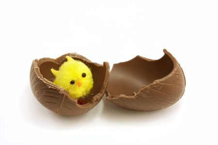easter chick inside a broken chocolate easter eggの写真素材
