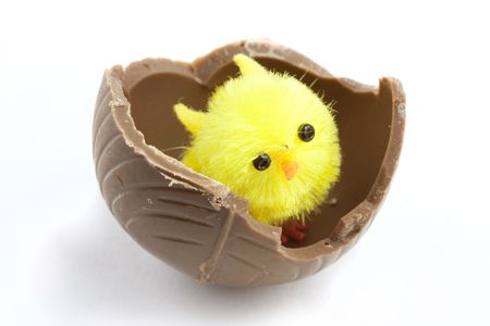 easter chick inside a broken chocolate easter eggの写真素材