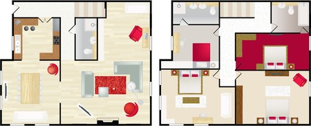 Upstairs and dwonstairs aerial view of the interior of a typical homeのイラスト素材