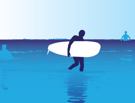surfer with board walking in the ocean as illustrationのイラスト素材
