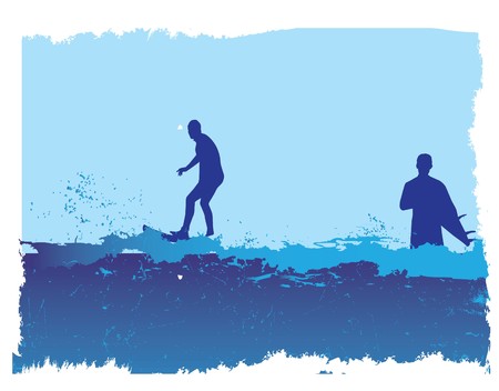 surfers in the ocean in grunge style illustrationのイラスト素材