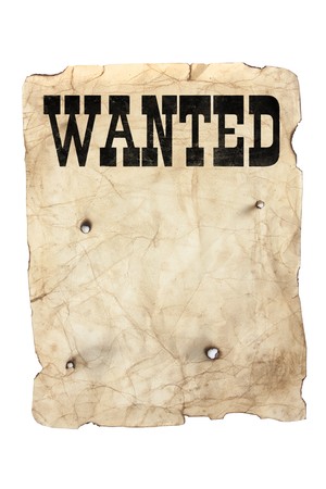 antique style yellow old distressed wanted poster with bullet holesの写真素材