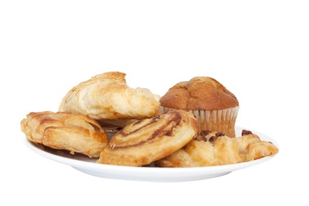 Plate of a selection of breakfast croissants and pastriesの写真素材