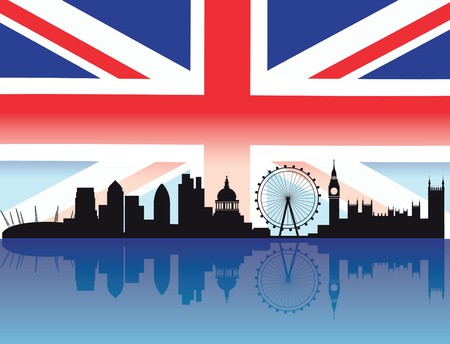 London skyline with flag and reflection of buildings in the thamesのイラスト素材