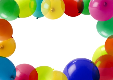colored balloons forming a frame with white empty space in the middleの写真素材