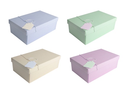 Blue, cream and other pastel coloured boxes on a white backgroundの写真素材