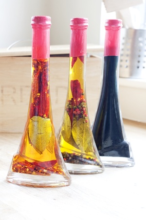 bottles of olive oils and balsamic vinegarの写真素材