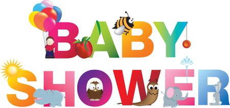 The words baby shower  made up from alphabet cartoon letters with matching animals and objectsのイラスト素材