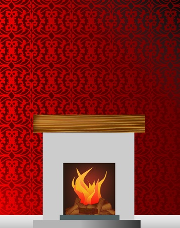 illustration of a roaring fire in a fireplace with red wallpaperのイラスト素材