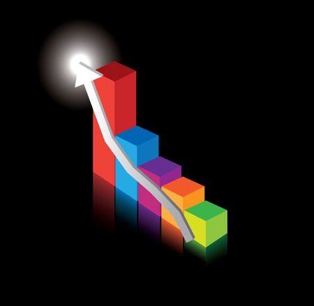 illustration of performance bar chart graphs with arrow pointing up to improvement and growthのイラスト素材