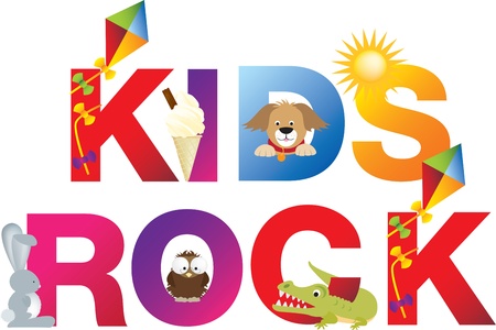 The word kids rock  made up from alphabet cartoon letters with matching animals and objectsのイラスト素材