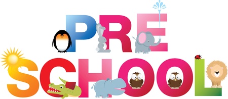 The word pre-school made up from alphabet cartoon letters with matching animals and objectsのイラスト素材