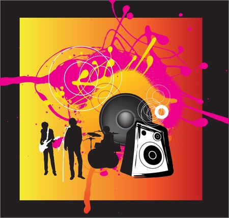 music band with singer, guitarist and drums on funky bright grunge backgroundのイラスト素材
