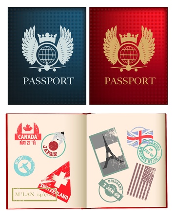 otside and iside pages of a red and blue passport with stamps, uses gradient meshのイラスト素材