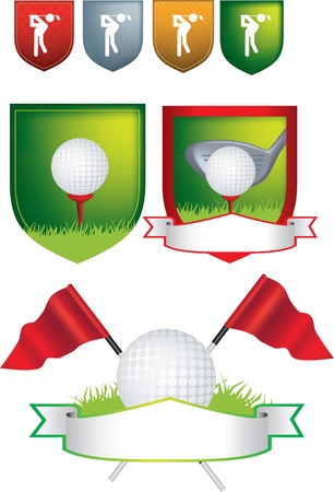 Illustration of golf icons, shields and emblems on a white background uses gradient meshの写真素材