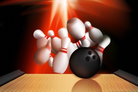illustration using vector and 3d of a bowling ball crashing into a set of pinsの写真素材