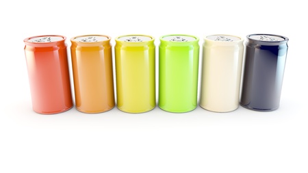 coloured cans of drink in a row in a white backgroundの写真素材