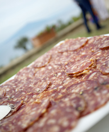 sliced italian anti pasti meat sausageの写真素材