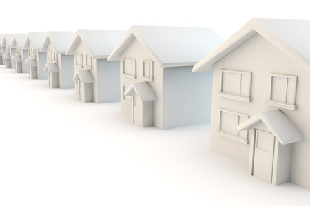 3d render of a line of identical houses in a row on a street on white backgroundの写真素材