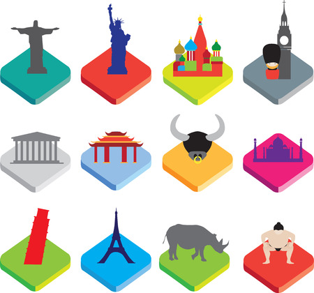 world famous landmarks as icon or button designs in colour on white backgroundの写真素材