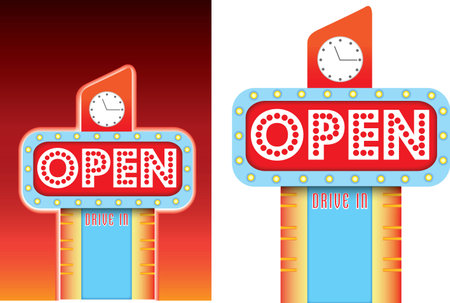 lit up 1950s neon retro sign with a big flashing open sign, available as vector and jpegの写真素材