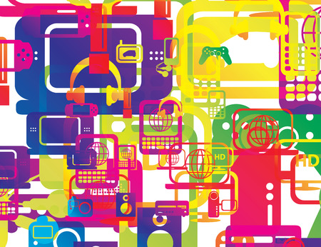 vector illustration of a selection of computer and technology hardware layered and multiplied to create an abstract background in rainbow gradients overlayの写真素材