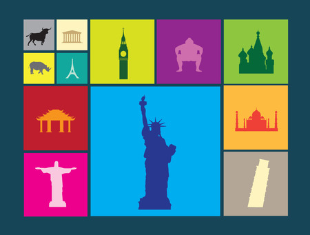 world famous landmarks as icon or button designs in colour on colour flat backgroundsの写真素材