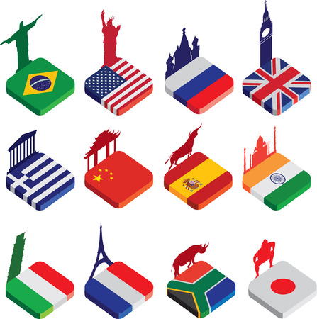 world famous landmarks as a square icon or button flag designs in colour isolated on a white background with silhouettes of famous landmarksの写真素材