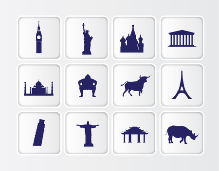 white symbols of famous tourist statues and buildings from around the worldの写真素材