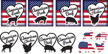 Set of designs using american flag and animals in a heart motifのイラスト素材