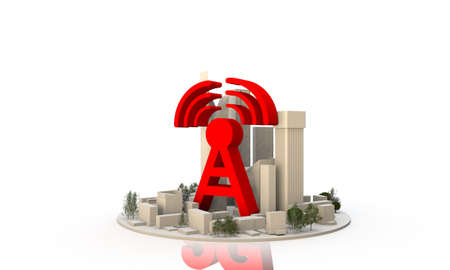 3d render of a generic city with a internet or mobile phone  mast and strong signal on white backgroundの写真素材