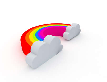 3D RENDER ILLUSTRATION OF A RAINBOW ON A WHITE BACKGROUND WITH CLOUDSの写真素材