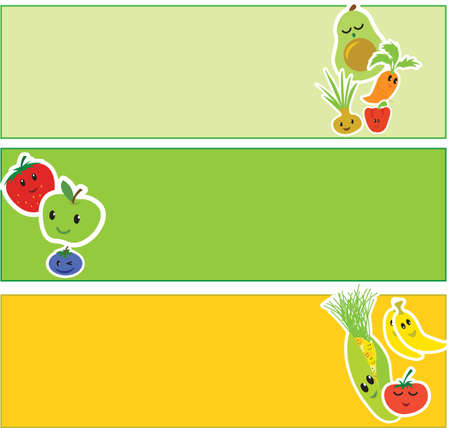 kawaii fruit cartoon banners for web, internet or poster use as templates with copy spaceのイラスト素材