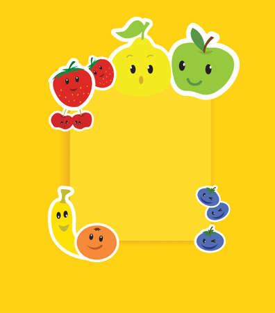 Cartoon vector kawaii cute and funny fruits, characters on a poster on yellow background with copy spaceのイラスト素材