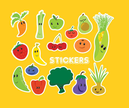 sticker set or icons of fruit and vegetables in a kawaii japanese style, editable.のイラスト素材